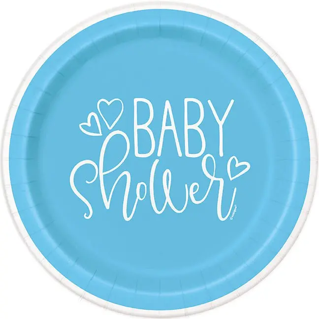 Baby Shower Blue Hearts Theme Round Plate – 9 Inch, Set Of 8 1