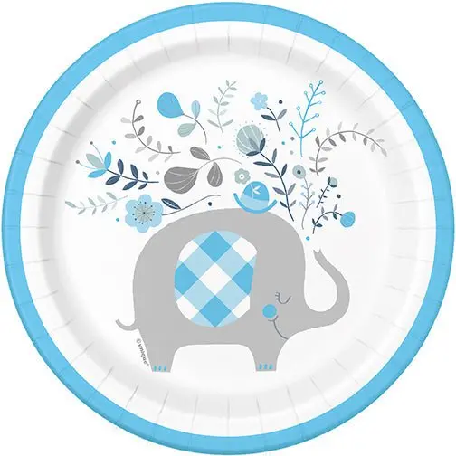 Blue Floral Elephant Round Plates: 7-Inch Disposable Party Plates (8-Pack) 1