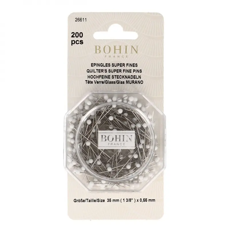 Bohin Glass-Head Straight Pins – Size 28, 1-3/8 Inches, White (200-Pack) 1