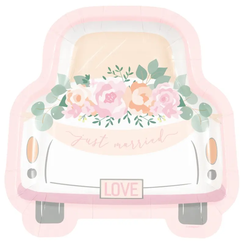 Car-Themed Pink Floral Bridal Plate – 8-Inch Shaped Dessert Dish (8-Pack) 1