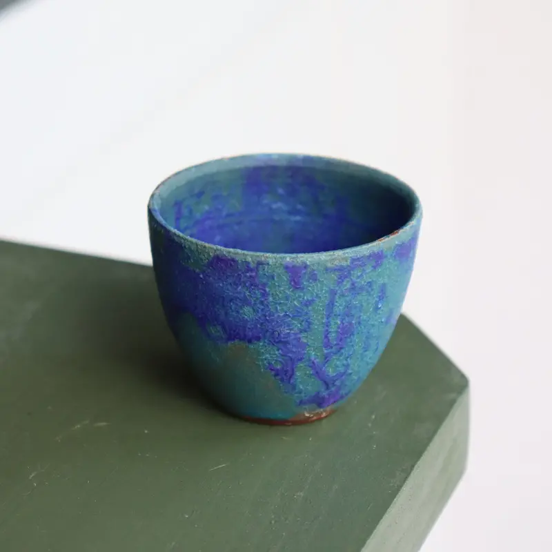 Emui Handmade Blue-Green Guinomi Cup – Unique Glazed Stoneware 1