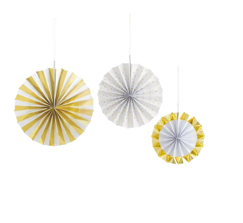Gold And White Fan-Shaped Paper Decor – Tropical Party Accents (3-Pack) 1
