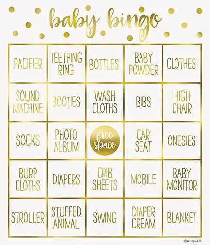 Gold Foil Baby Shower Bingo Cards – Printable-Ready Set, 8 Sheets 1