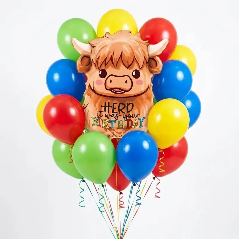 Highland Cow Birthday Balloon Arrangement – Whimsical Farm Animal Theme 1