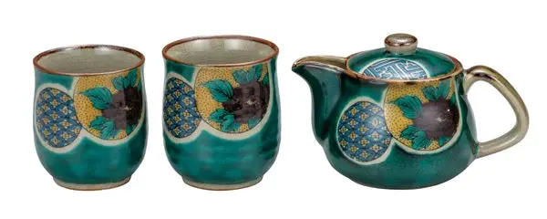 Kutaniyaki Kutsurogi Tea Set – Green Glaze With Traditional Marumon Motif 1