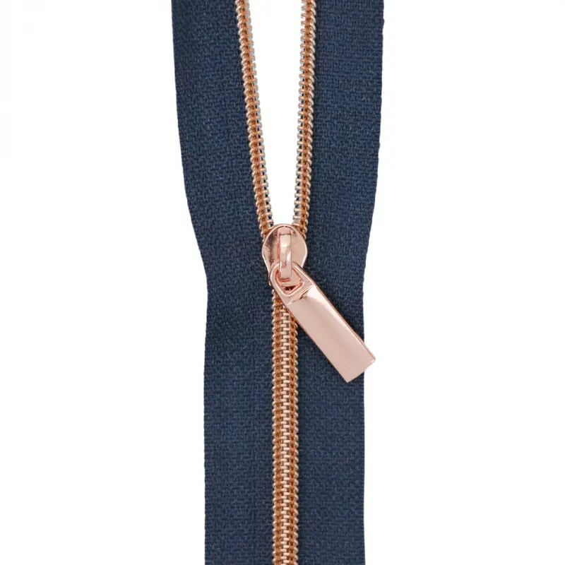 Navy #3 Nylon Coil Zipper With Rose Gold Pulls – 3-Yard Spool (9 Pulls Included) 1