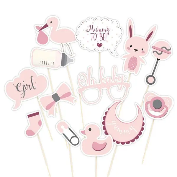 Pink Baby Shower Photo Booth Props – 13-Piece Card Set 1