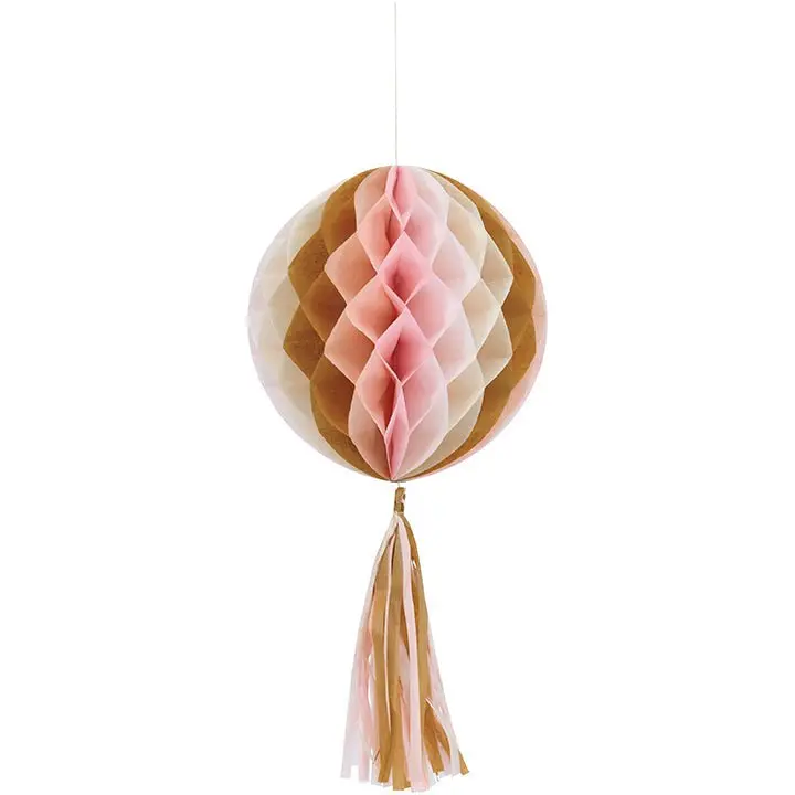 Pink Marble-Effect Honeycomb Ball Decor – Tissue Paper Pom Set (3-Pack) 1