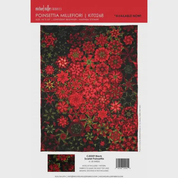 Poinsettia Millefiori Quilt Kit Featuring Scarlet Poinsettia Design 1