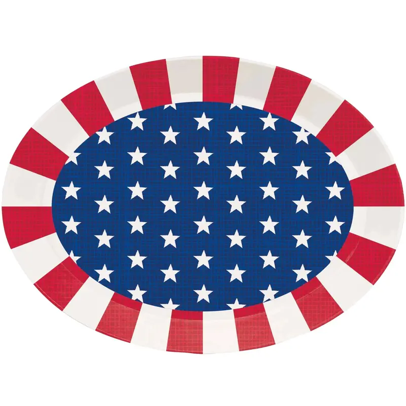 Red, White & Blue Oval Plastic Serving Tray – 10 X 14 Inches, Festive Design 1