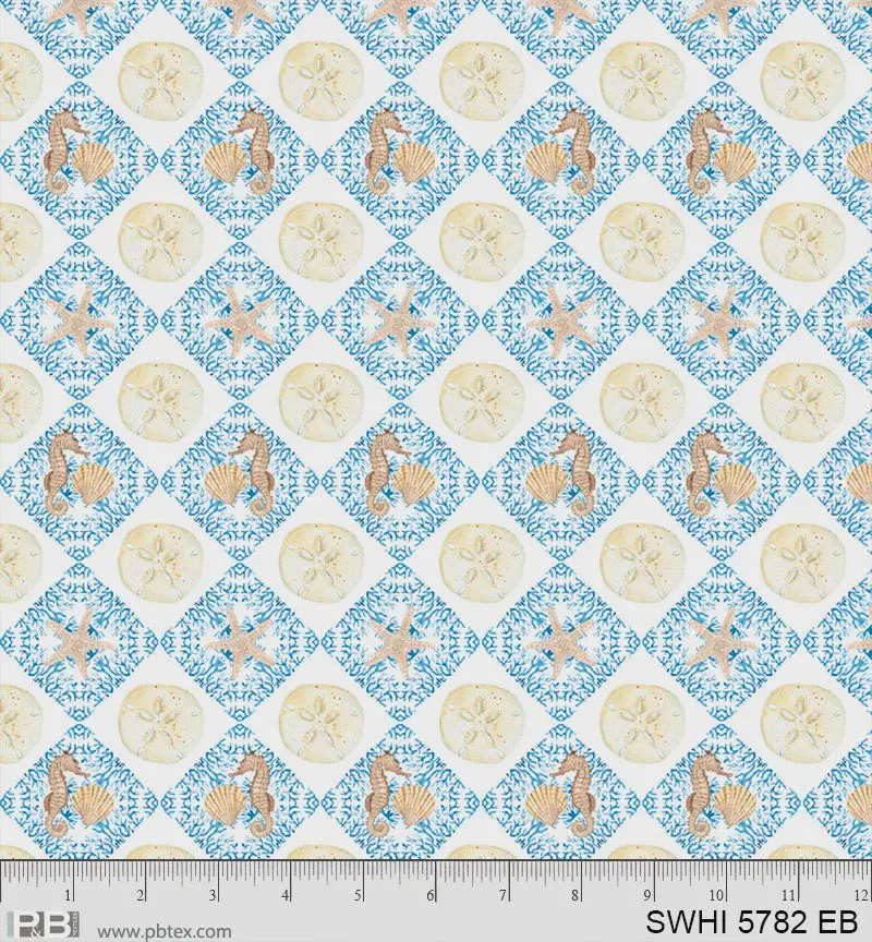 Sea Whispers Sand Dollar Diamonds Fabric In Ecru Blue - Swhi05782Eb 1