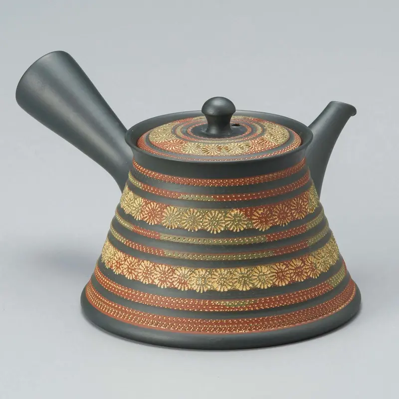 Teruyuki Kiln Mt. Fuji Kyusu – Pressed Flower Design Tokoname Teapot (200 Cc, Yellow/Red) 1