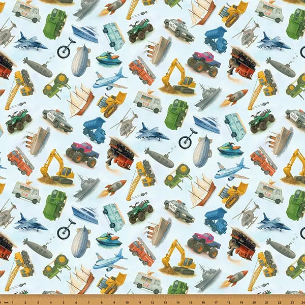 Things That Go From A To Z Baby Blue Print Fabric – X5744 1