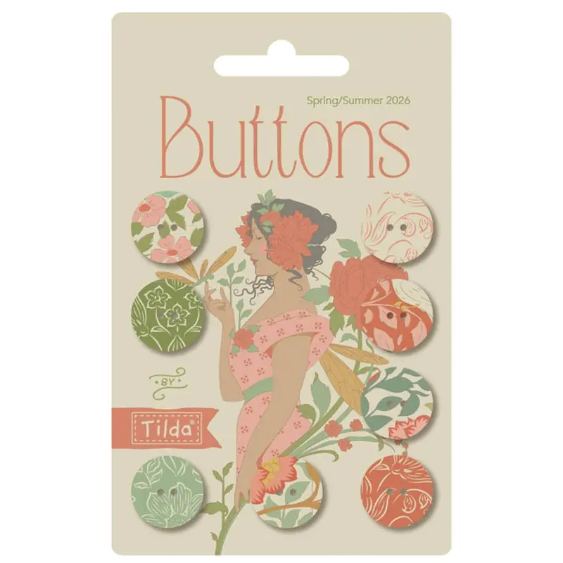 Tilda Songbird Wooden Buttons – 16Mm (8-Pack, Coral & Green) 1