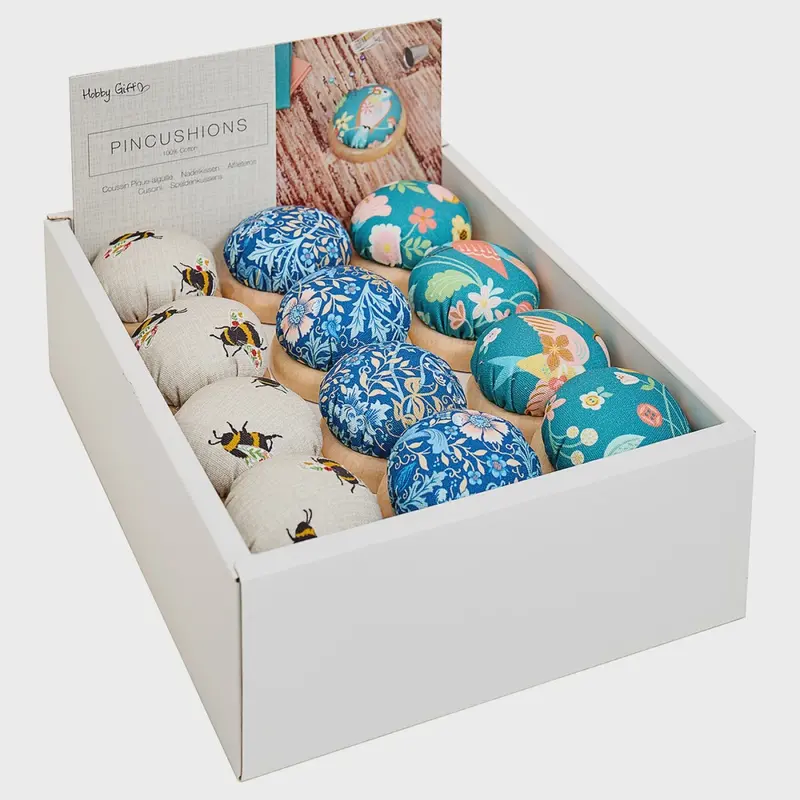 Wood-Base Fabric Pincushions – Bee, Bird & Floral Woodblock Designs (24-Piece Set, #Mrpincdb) 1