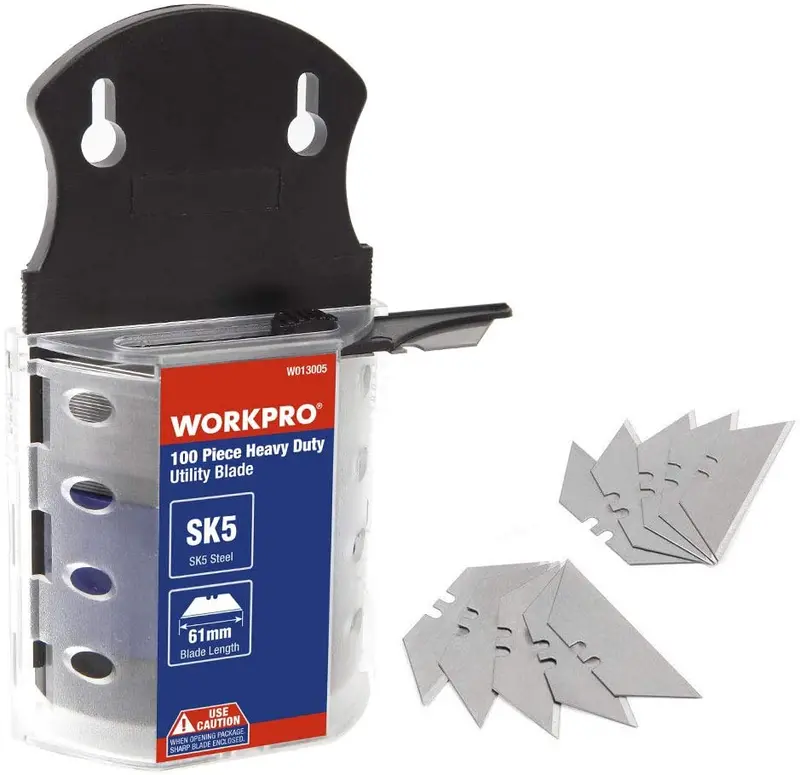 Workpro 100-Pack Sk5 Steel Utility Knife Blades – Includes Dispenser 1