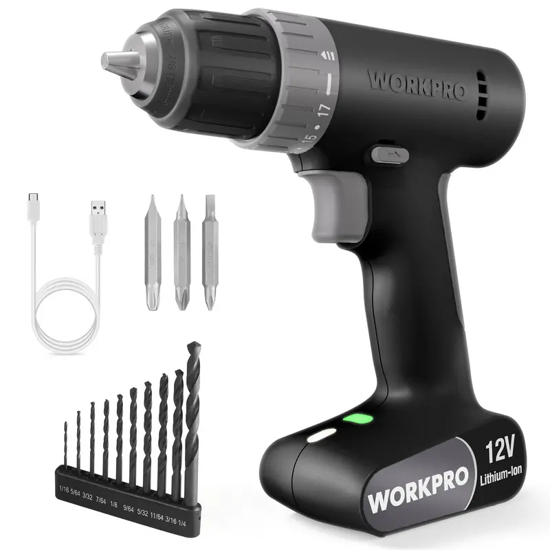 Workpro 12V Compact Cordless Drill Driver Kit – 2-Speed, 3/8" Keyless Chuck, Built-In Led & Usb-C Charging 1