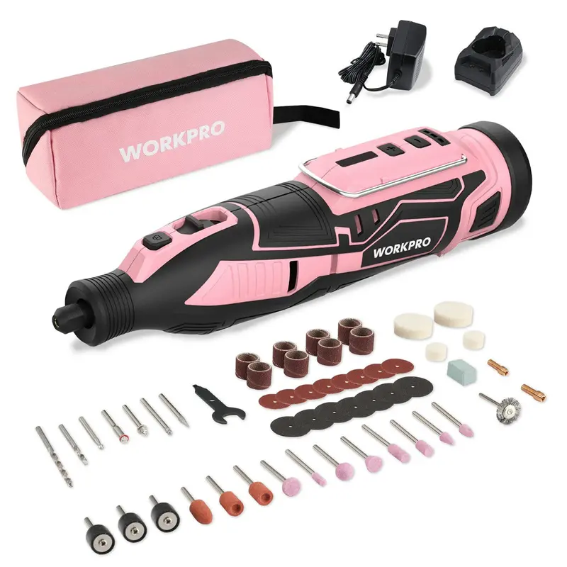 Workpro 12V Cordless Rotary Tool Kit – 5-Speed Control With 114 Interchangeable Accessories – Pink Edition 1