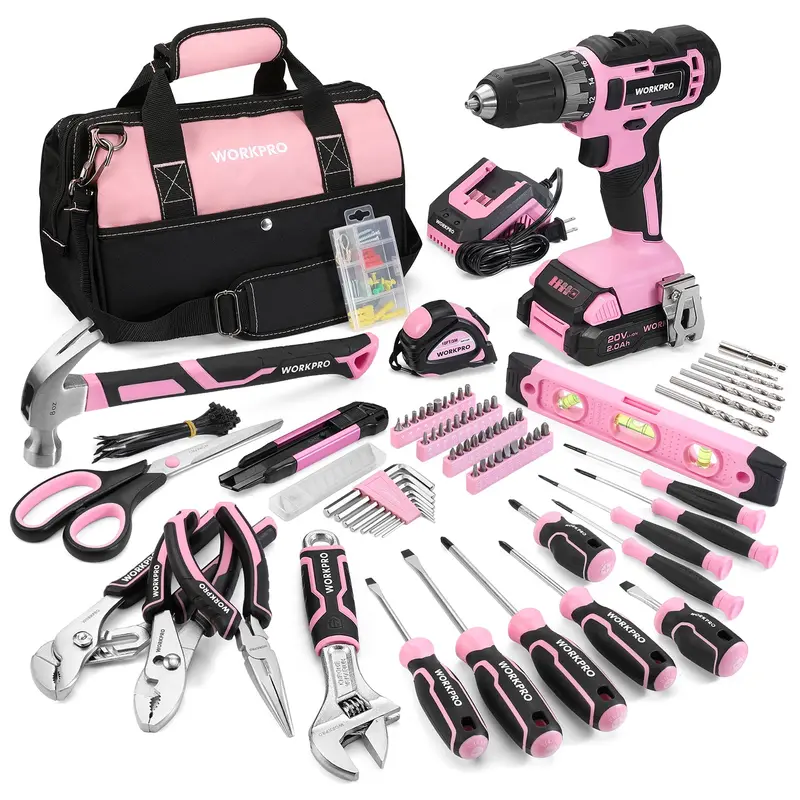 Workpro 157-Piece Home Tool Kit Featuring 20V Cordless Drill Driver – Pink Edition 1
