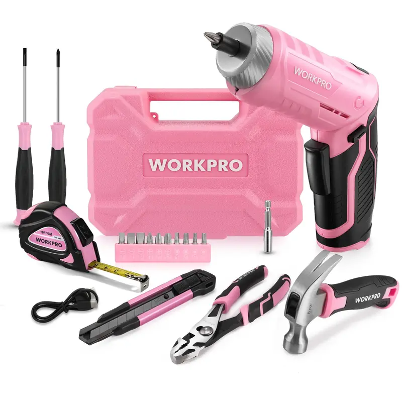 Workpro 18-Piece Essential Home Tool Kit – Compact Pink Ribbon Set 1