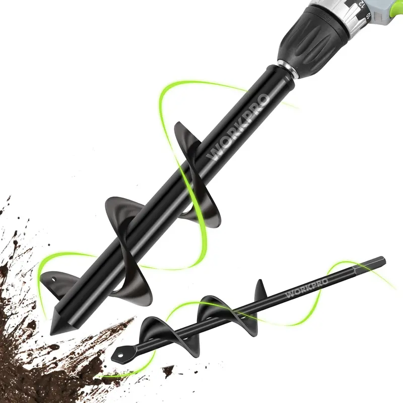 Workpro 2-Piece Spiral Garden Auger Bit Set – 1.6"X9" & 3"X12", Hex-Shank For 3/8" Drill Drivers 1