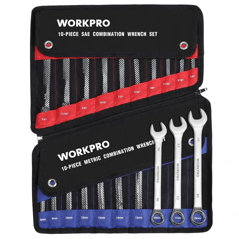 Workpro 20-Piece Sae/Metric 12-Point Combination Wrench Set — Cr-V Steel, 6Mm–18Mm & 1/4"–3/4" 1