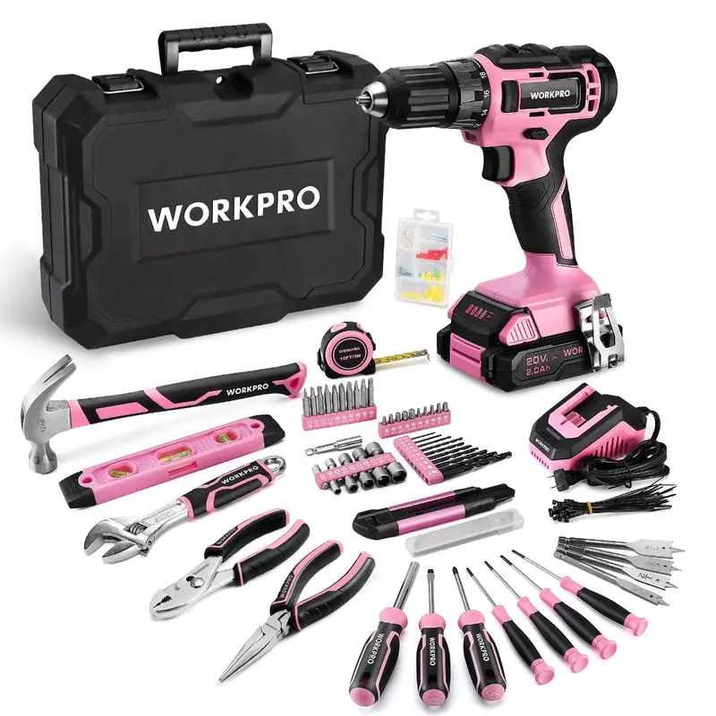 Workpro 20V Cordless Drill Driver + 141-Piece Home Tool Kit – Pink Ribbon Bundle 1
