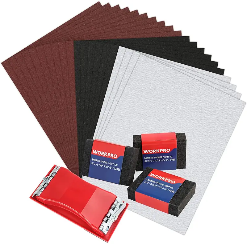 Workpro 24-Pack Assorted Grit Sandpaper Sheets (80–600) With Reusable Holder 1