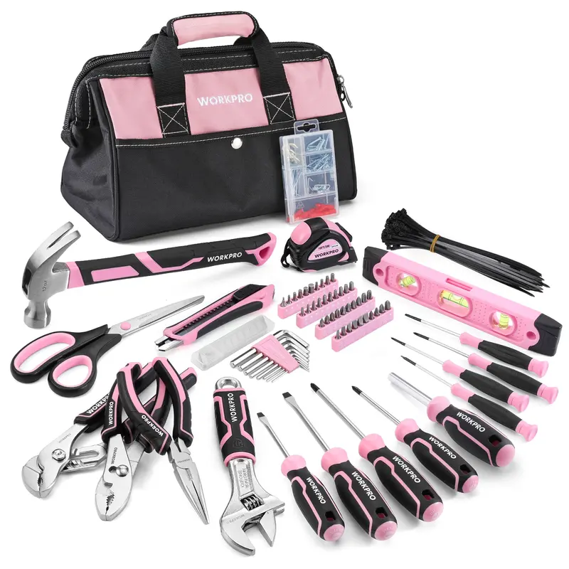 Workpro 263-Piece Pink Tool Set With Wide-Mouth Storage Bag & Ribbon Accent 1
