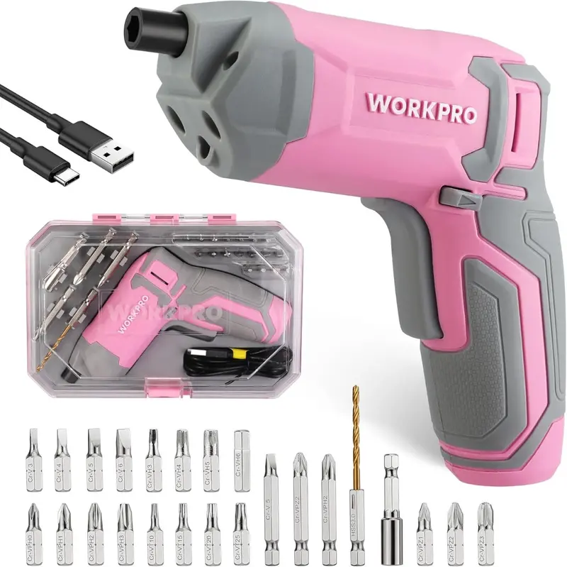 Workpro 3.6V Cordless Eccentric Screwdriver Kit – 24-Bit Set And Portable Carry Case With Ergonomic Pink Finish 1