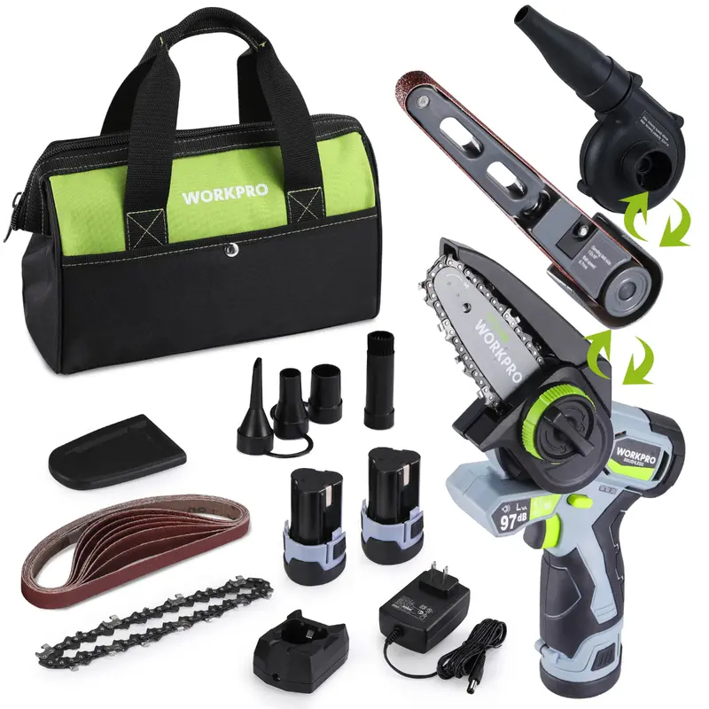 Workpro 3-In-1 Cordless Power Tool Kit: Detail Belt Sander, Mini Chainsaw, And Electric Blower 1