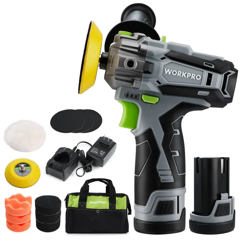 Workpro 3-Inch 12V Mini Orbital Polisher – Portable Car Detailing & Light Sanding Kit With Dual Batteries 1