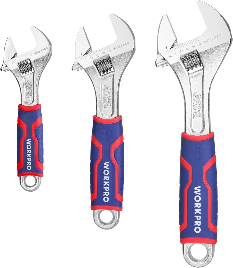 Workpro 3-Piece Cr-V Adjustable Wrench Set – 6", 8", 10" Wide-Jaw, Rubber-Grip, Dual-Scale 1