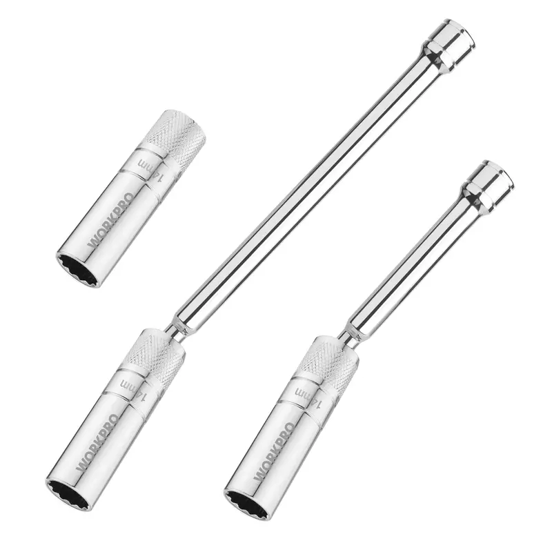 Workpro 3-Piece Thin-Wall Spark Plug Socket Set: 14Mm + 6" & 10" Magnetic Swivel Extensions 1