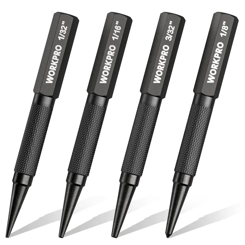 Workpro 4-Piece Punch Set – Includes Nail Setters (1/32", 1/16", 3/32") And Center Punch (1/32") 1
