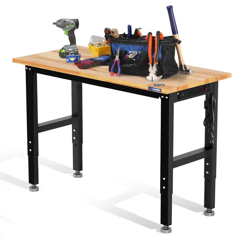 Workpro 48" X 22" Heavy-Duty Adjustable Workbench – 1500-Lb Load, Hardwood Top With Power Outlets & Leveling Feet 1