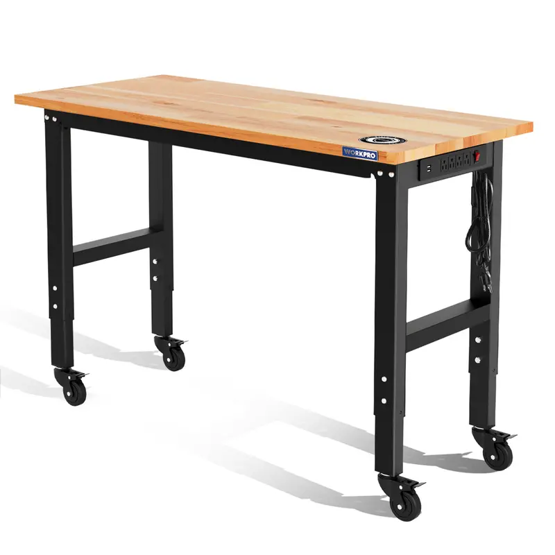 Workpro 48" × 22" Industrial Workbench — Rubberwood Top, Casters, Outlets & 1000 Lbs Stationary Rating 1