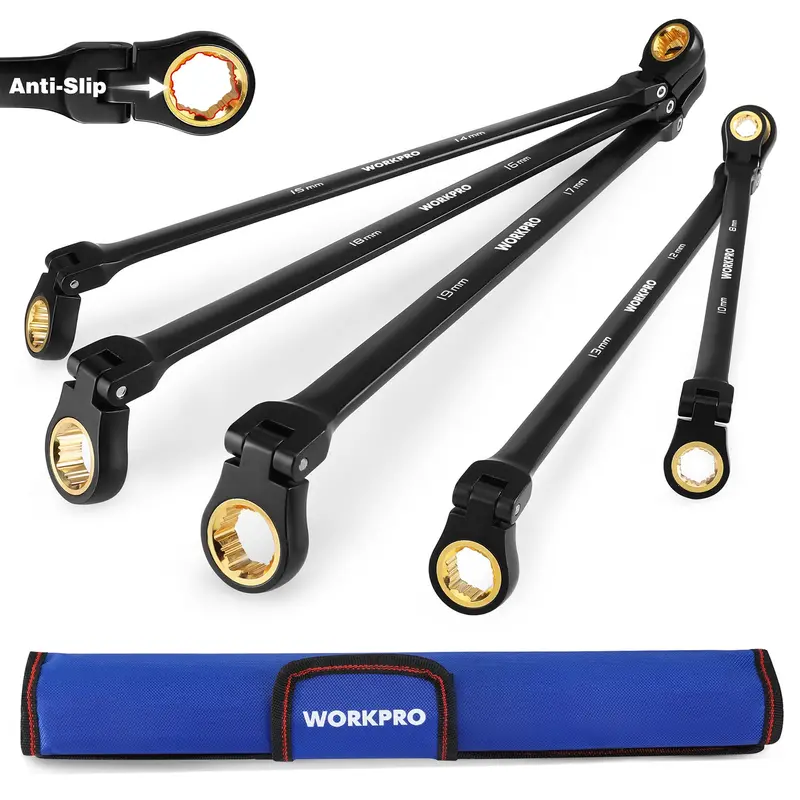 Workpro 5-Piece Extra-Long Flex-Head Ratcheting Wrench Set – Metric Sizes (8–19 Mm) In Protective Rolling Pouch 1