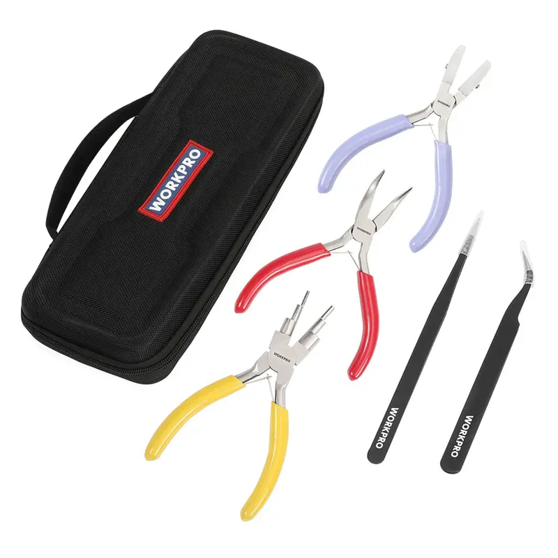 Workpro 5-Piece Jewelry-Making Pliers Kit – Includes Loop, Nylon Nose, Bent Nose, Pointed & Curved Tweezers 1