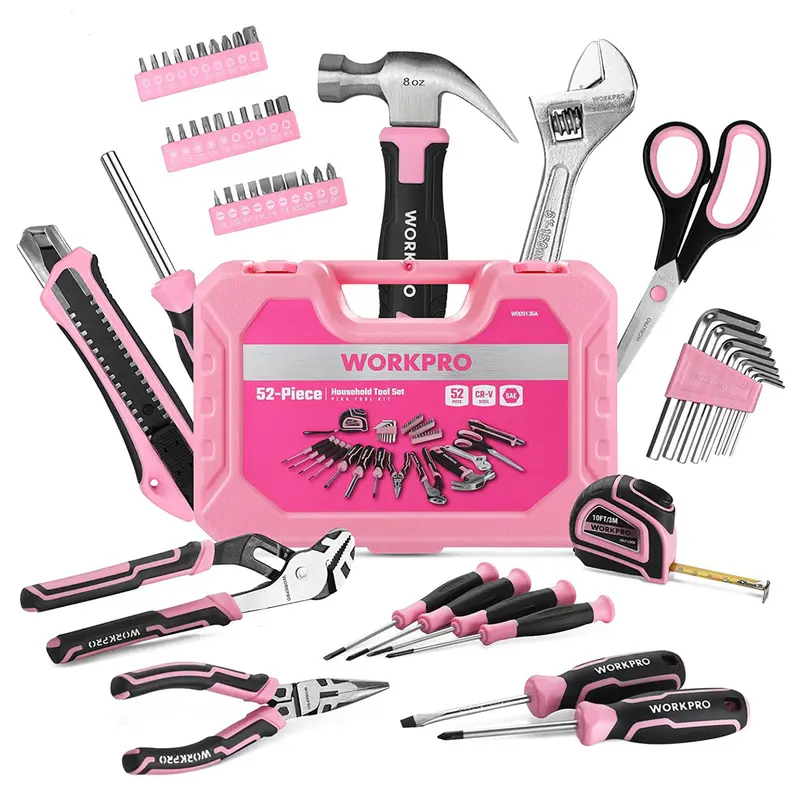 Workpro 52-Piece Women’S Home Tool Kit – Ergonomic Pink Tools With Organized Storage Box 1