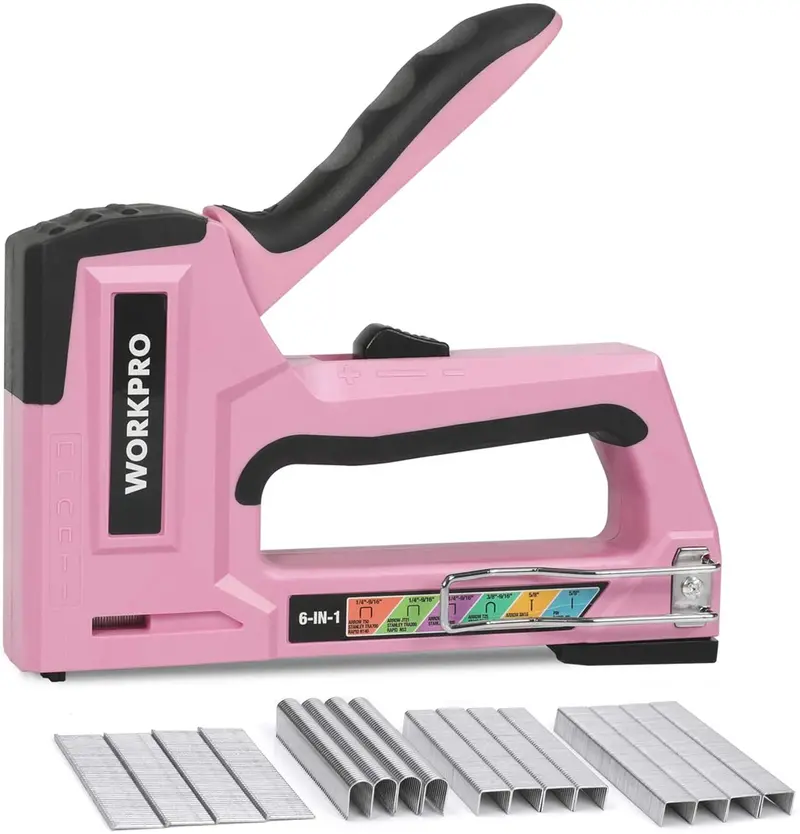 Workpro 6-In-1 Manual Brad Nailer & Upholstery Stapler – Ergonomic Pink Ribbon Design 1