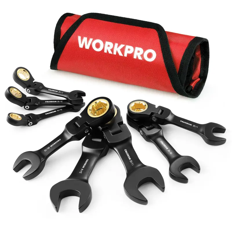 Workpro 8-Piece Flex-Head Stub Wrench Set – Anti-Slip Ratcheting Design With Heavy-Duty Rolling Pouch 1