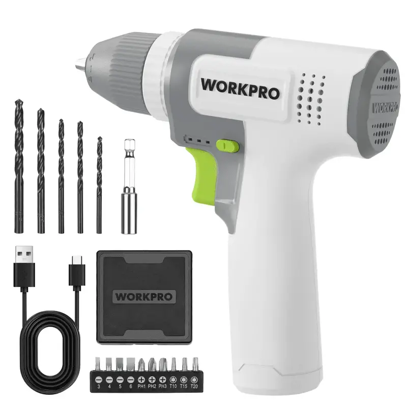 Workpro 8V Cordless Drill Driver Kit – 2Ah Battery, 3/8" Keyless Chuck, 15 Bits & Usb-C Charger 1