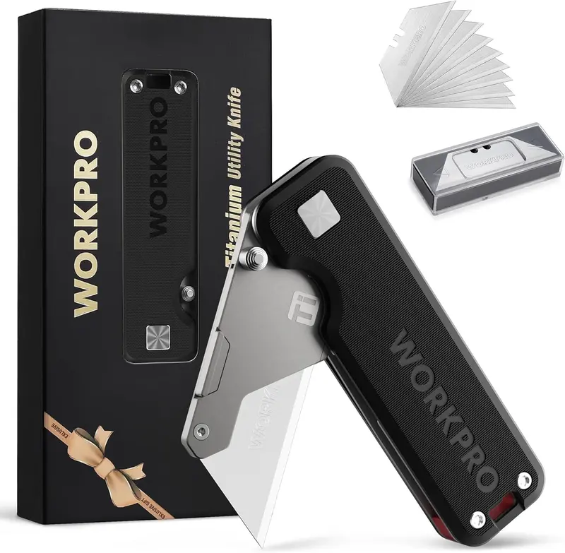 Workpro Cnc-Machined Titanium Utility Knife – Lightweight G-10/Aluminum Handle, Includes 10 Spare Blades 1