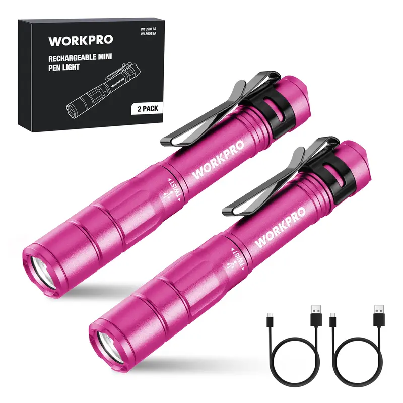 Workpro Dual-Pack Rechargeable Pen Lights – Usb-C Charging, Memory Function, And Belt Clip For Everyday Carry 1