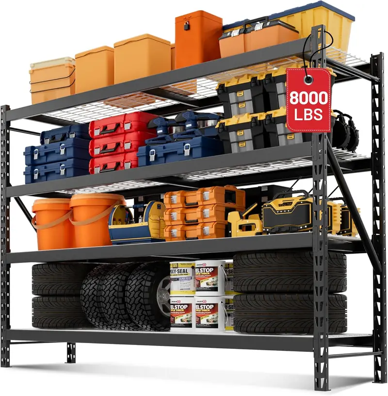 Workpro Extra-Wide 4-Tier Garage Shelving – 77"W X 24"D X 72"H, 8000-Lb Capacity, Black Steel Frame 1
