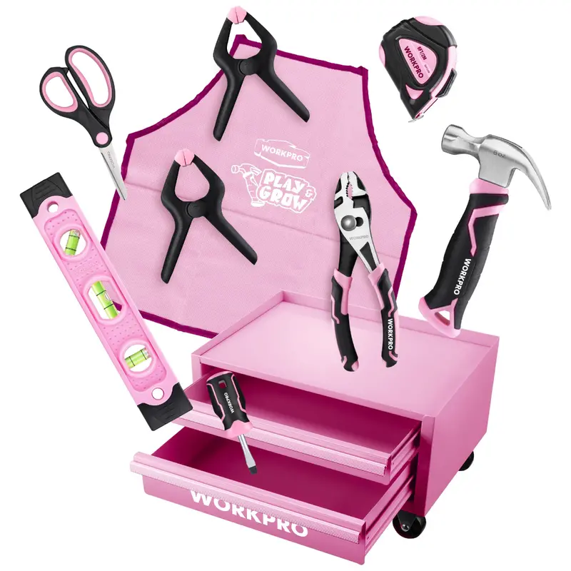 Workpro Kids’ Beginner Tool Set — 12" Steel Rolling Tool Case — Pink Ribbon Design 1