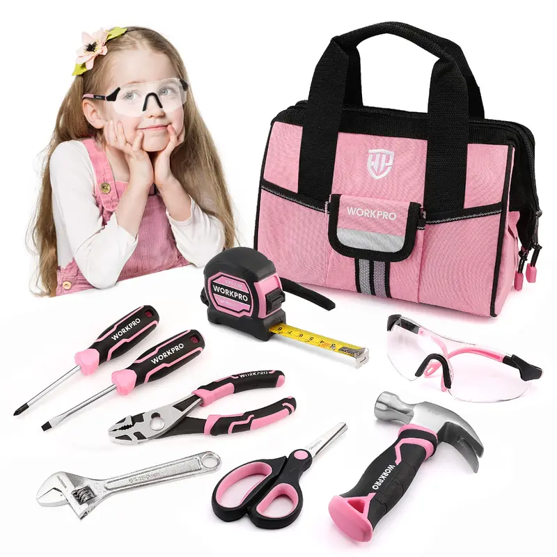 Workpro Kids’ Junior Tool Set — 9-Piece With Carry Bag, Pink/Blue Theme — Pink Ribbon Edition 1