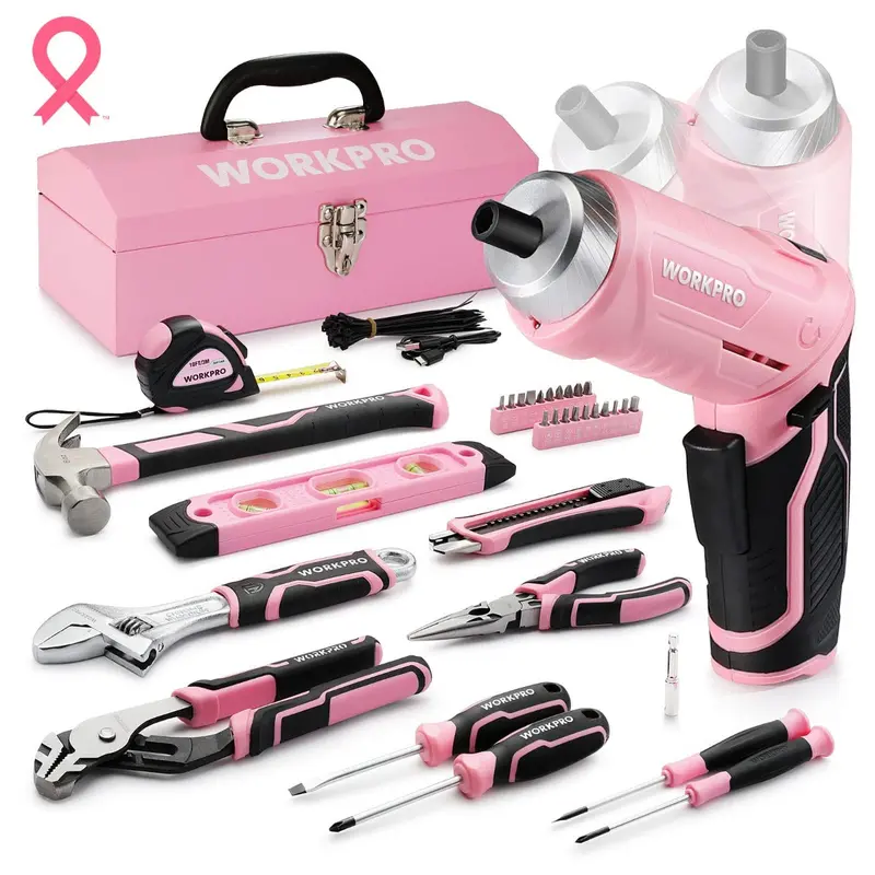Workpro Pink Cordless Screwdriver Kit – 3.7V Rotating Driver With 55 Or 75-Piece Tool Assortment 1