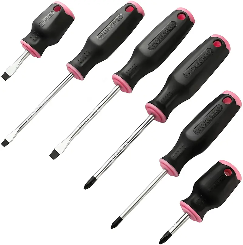 Workpro Pink Magnetic Screwdriver Set – 6-Piece (3 Slotted + 3 Phillips), Cr-V Shafts, Compact Stubby Design 1